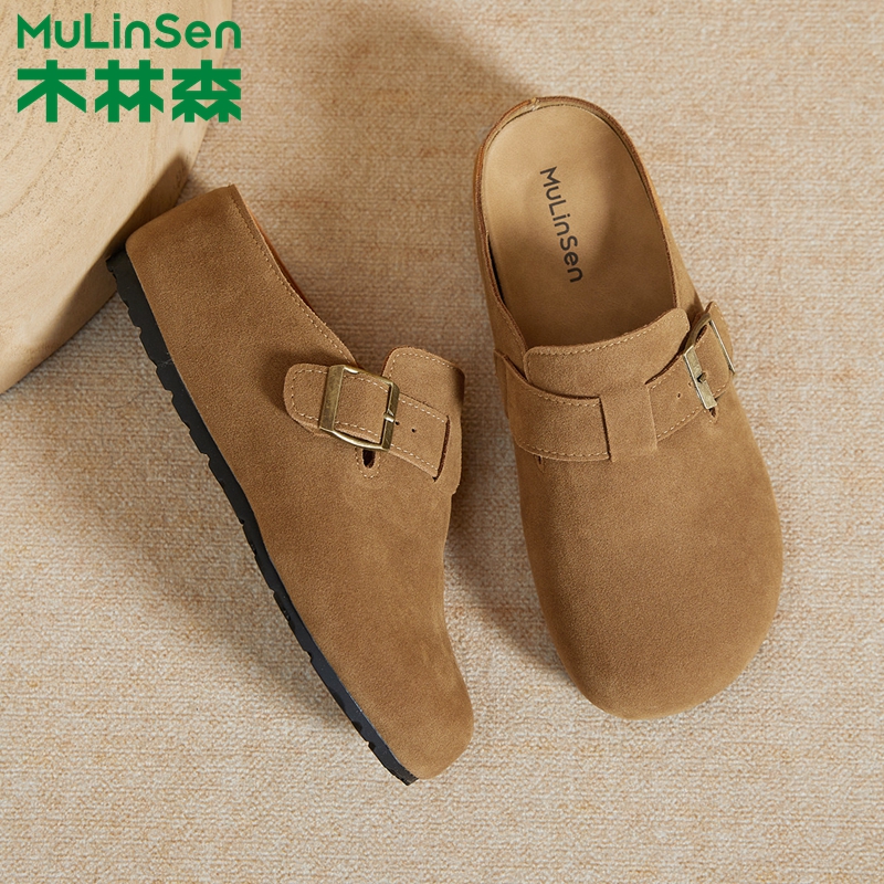 木林森正品女鞋2025夏季新款复古休闲软底勃肯鞋女外穿法式半拖鞋 - 图1