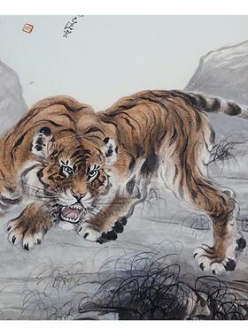 1:1张k善孖林岩虎啸图老虎立轴挂画高清复制客厅玄关装饰画画心