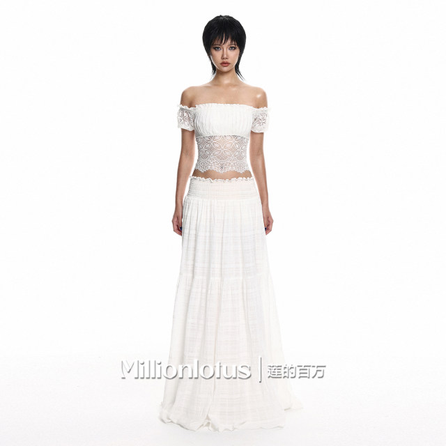 Lotus's Million White Lace-Boulded lace sliced on top short short slim matched with a long skirt stunning for a pure passiontie.