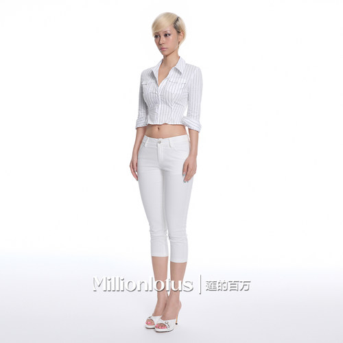 莲的百万 辣妹短款条纹收腰衬衫修身白色弹力小脚七分牛仔裤 - 图3