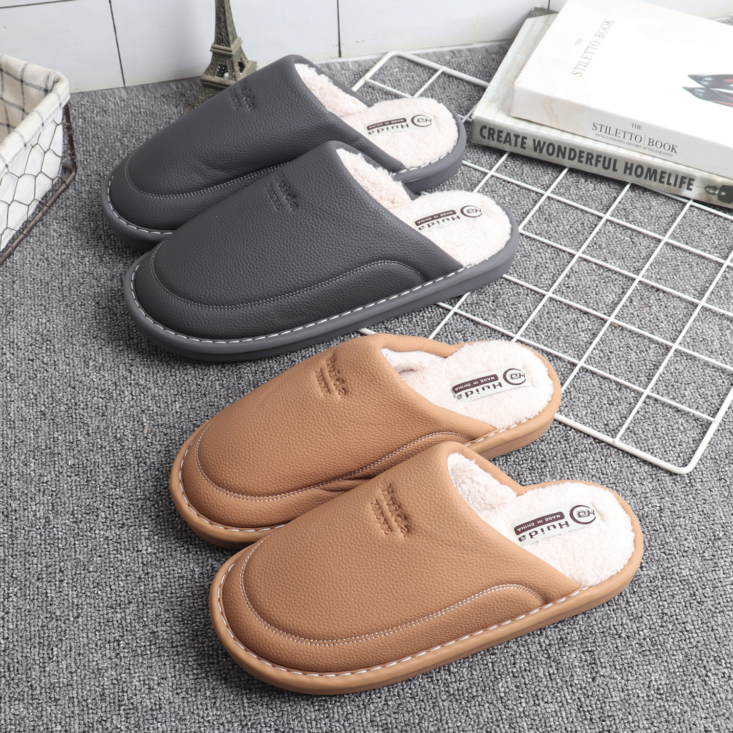 简约PU皮面防水棉拖鞋男女情侣款居家室内防滑保暖办公室休闲皮拖,淘宝优惠券,粉丝福利购,淘宝优惠卷
