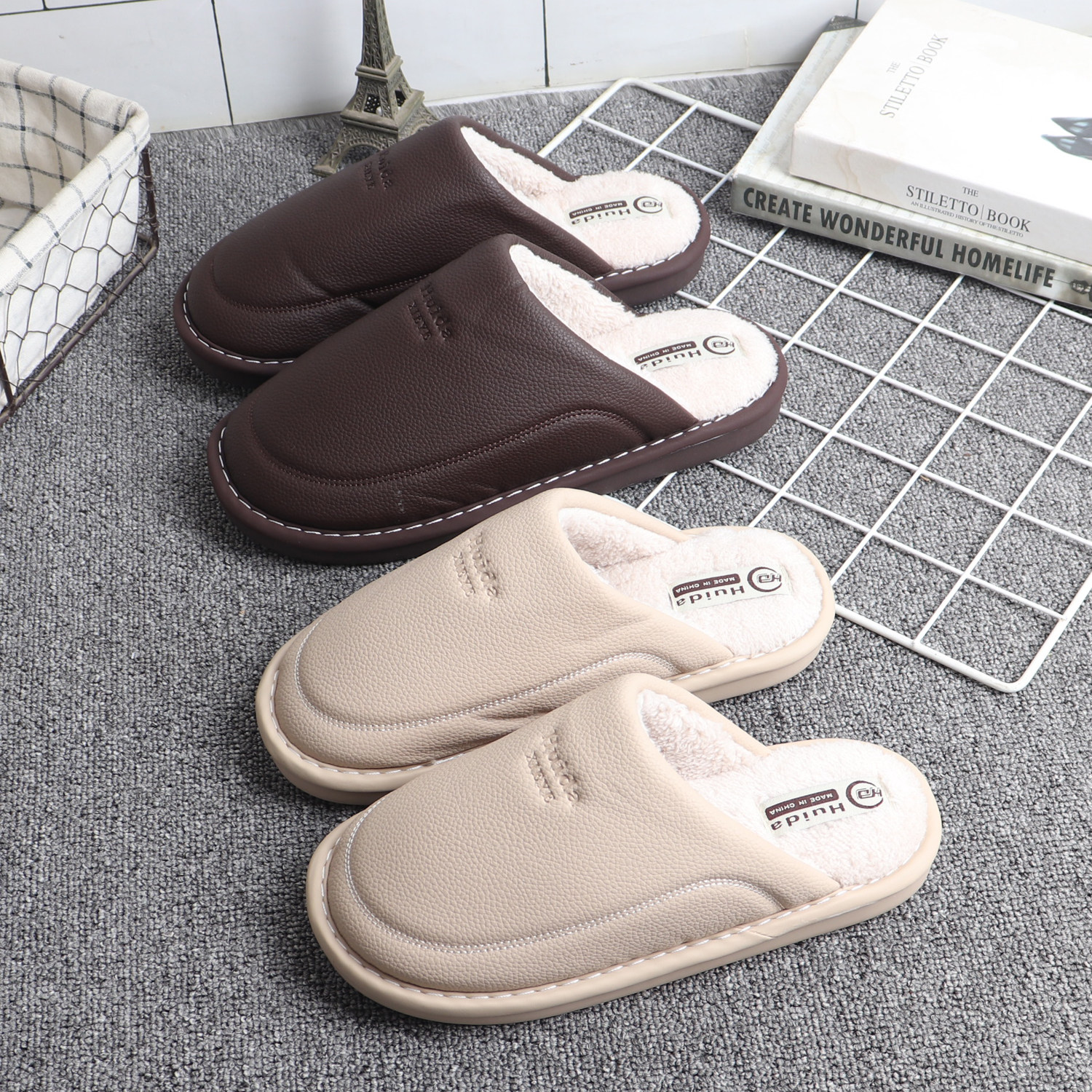 简约PU皮面防水棉拖鞋男女情侣款居家室内防滑保暖办公室休闲皮拖,淘宝优惠券,粉丝福利购,淘宝优惠卷