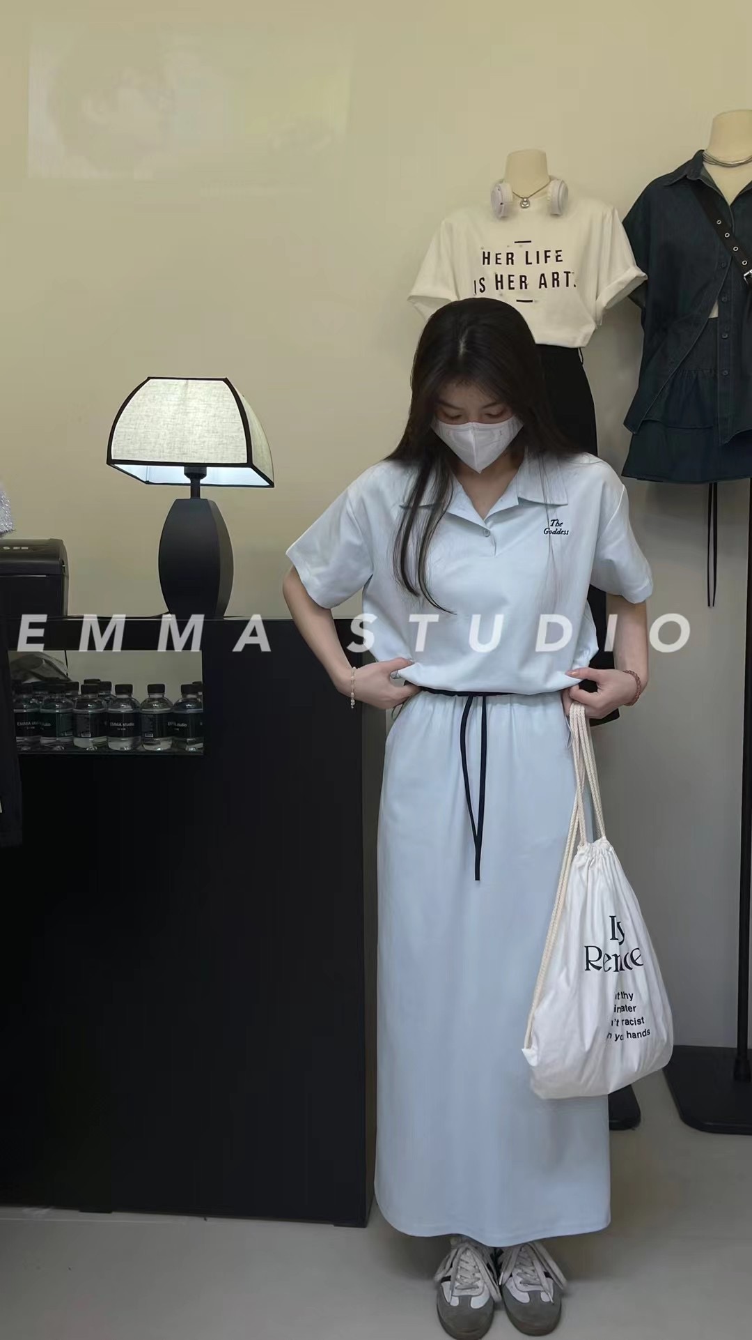 EMMA 美式复古卫衣套装女夏POLP领短袖上衣休闲松紧腰半裙两件套