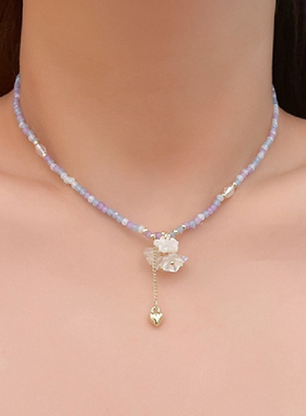 2022韩国紫色串珠琉璃花朵项链甜美可爱少女风锁骨链小众设计感