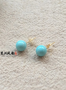 天空蓝湖北绿松石高瓷银镀金耳钉