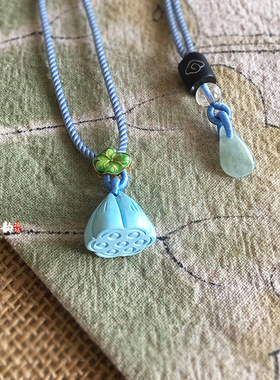 莲系列高瓷矿蓝白松石雕刻小莲蓬吊坠锁骨链项链女款手工挂绳