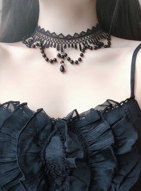 原创Lolita哥特暗黑项链黑色蕾丝珍珠复古颈链锁骨链宫廷搞死颈圈