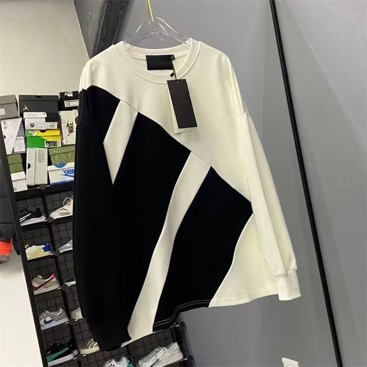 春秋季新款潮牌拼色黑白圆领卫衣男青少年长袖t恤情侣套头上衣服