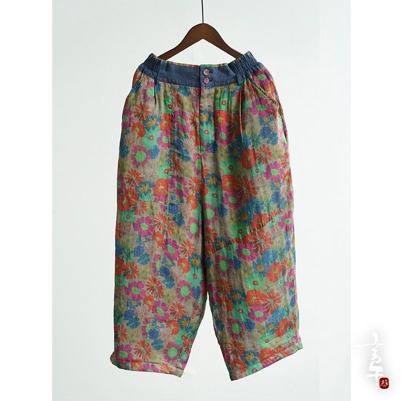 言午葵原创复古做旧加厚茧型夹棉裤 休闲宽松脏染团花薄棉直筒裤,淘宝优惠券,粉丝福利购,淘宝优惠卷