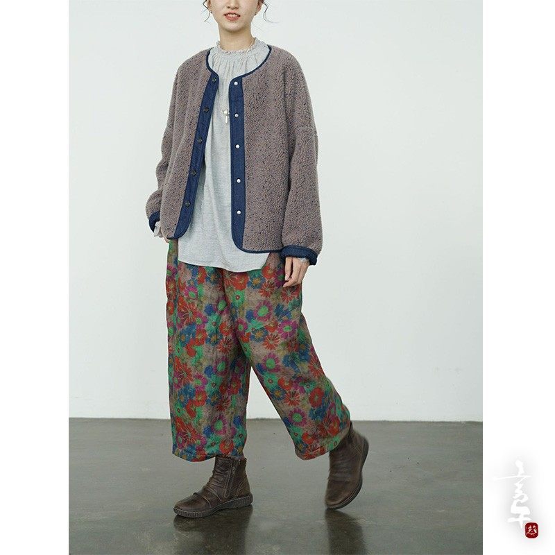 言午葵原创复古做旧加厚茧型夹棉裤 休闲宽松脏染团花薄棉直筒裤,淘宝优惠券,粉丝福利购,淘宝优惠卷