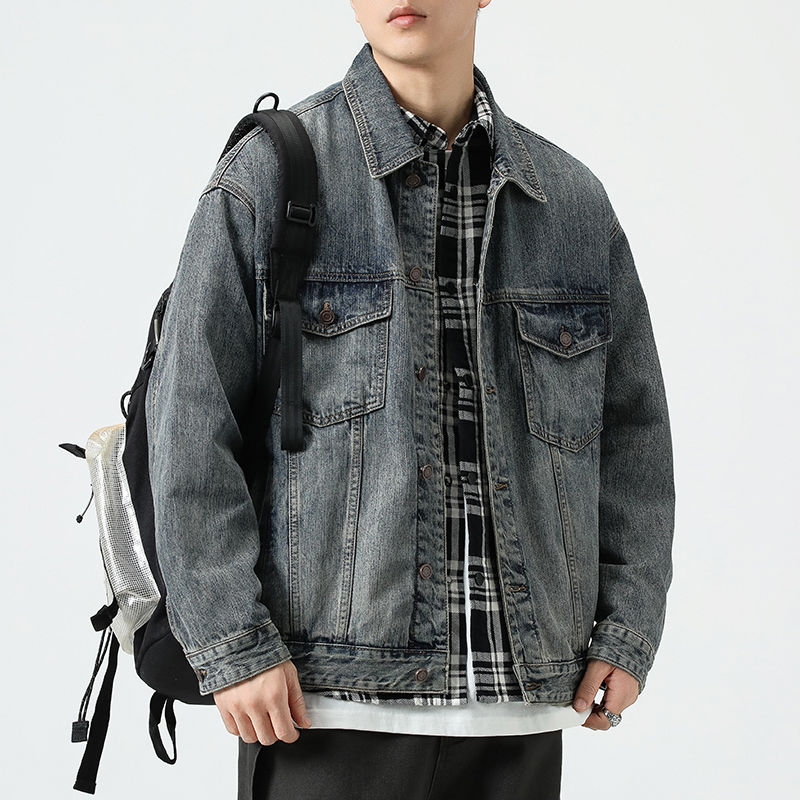 奥派鲨男士牛仔夹克2024春秋新款工装外套美式潮牌男生百搭上衣服 - 图1