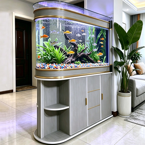 玄关子弹头鱼缸玻璃生态水族箱中型大型屏风隔断鞋柜家用客厅定制 - 图3