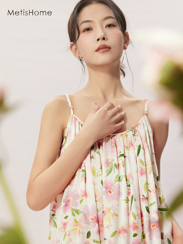 19姆米真丝睡裙女夏性感家居服品质丝绸宽松吊带原创印花连衣裙 - 图1