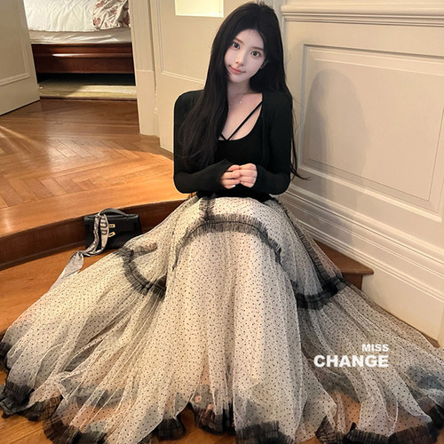 MISS CHANGE【韩女氛围】15米耗料高密网纱植绒点木耳蓬蓬半身裙 - 图1
