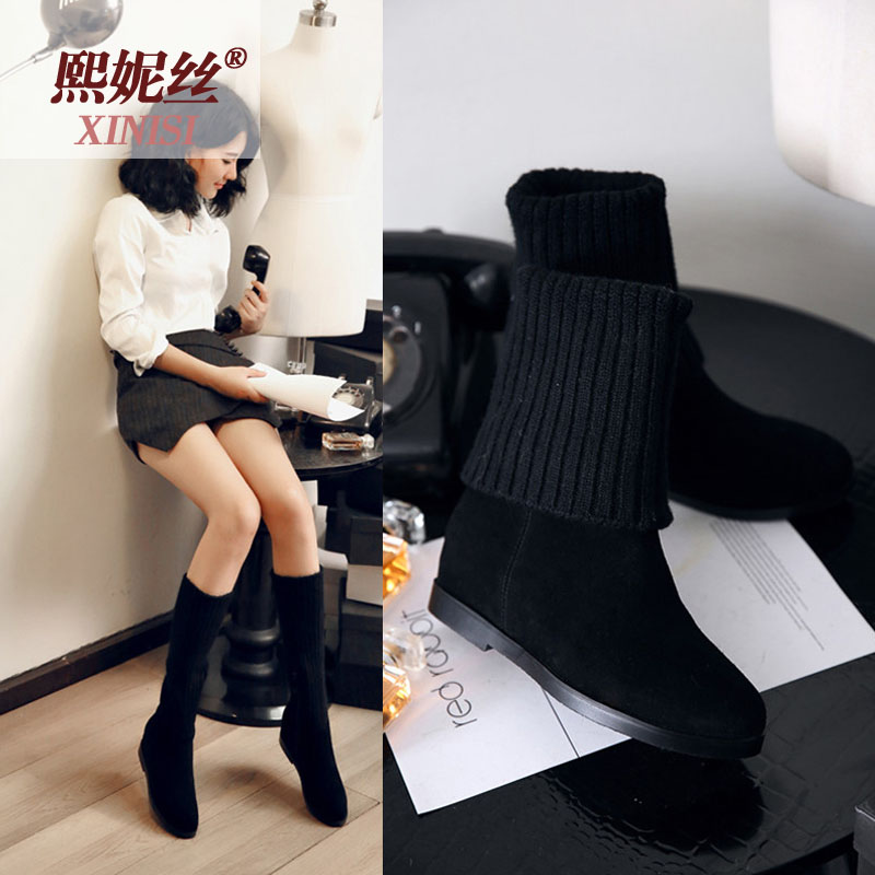 熙妮丝旗舰店秋冬真皮内增高毛线瘦瘦女靴弹力双穿雪地靴磨砂针织中筒短靴3