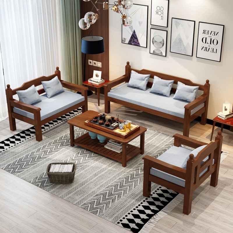 新中式全实木沙发组合出租房客厅简易长椅小户型阳台家用民宿沙发-图0