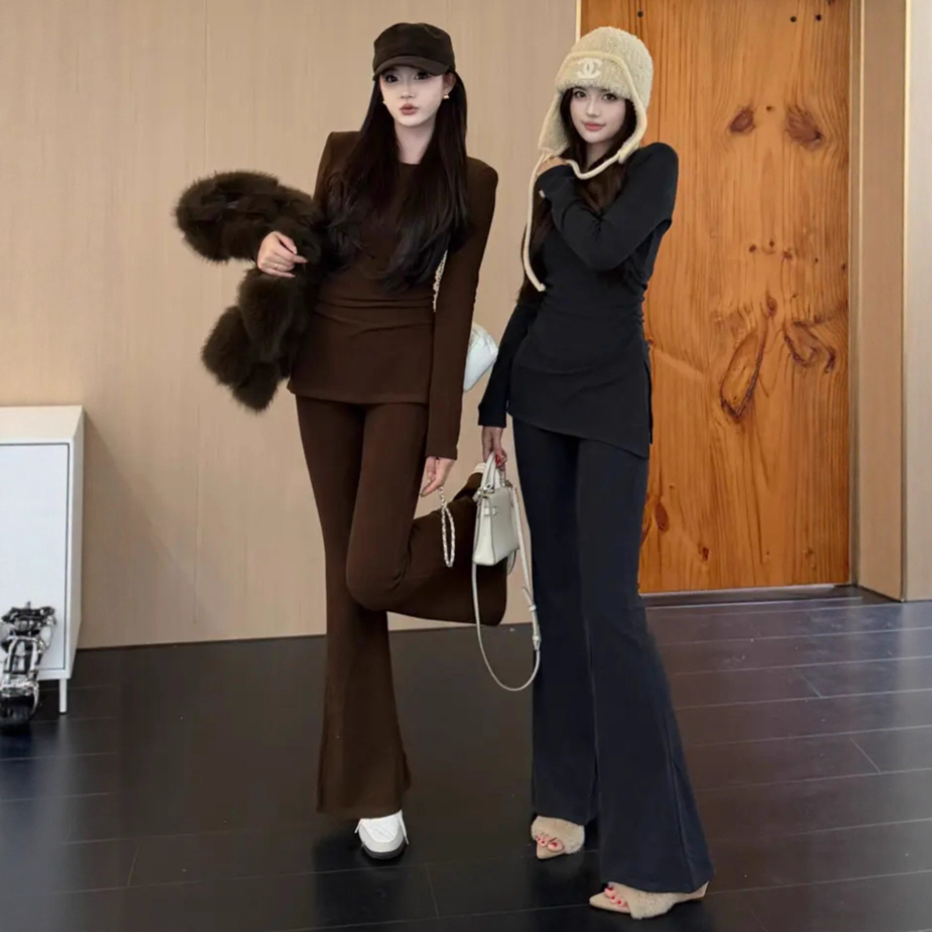 韩系洋气时尚套装女冬季高级感内搭磨毛长袖t恤高腰微喇裤两件套,淘宝优惠券,粉丝福利购,淘宝优惠卷