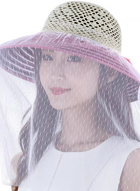透气带面纱可折叠女士防晒两用帽