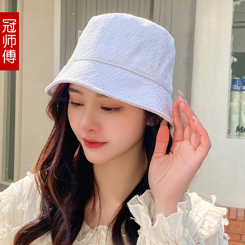 冠师傅女士遮阳帽户外休闲旅游盆帽韩版亮片蕾丝时尚潮流渔夫帽,淘宝优惠券,粉丝福利购,淘宝优惠卷