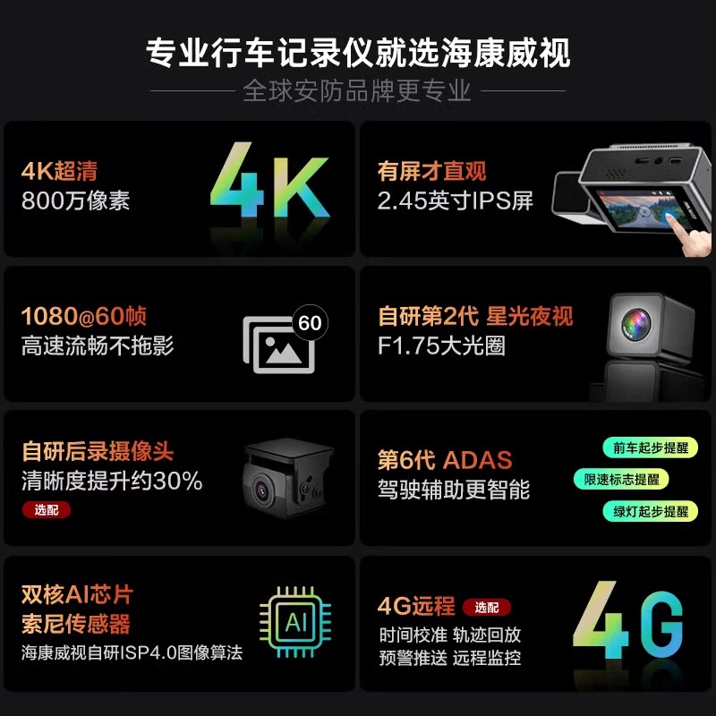 海康威视4K新款C8pro行车记录仪前后双录远程停车监控2160p高清 - 图0