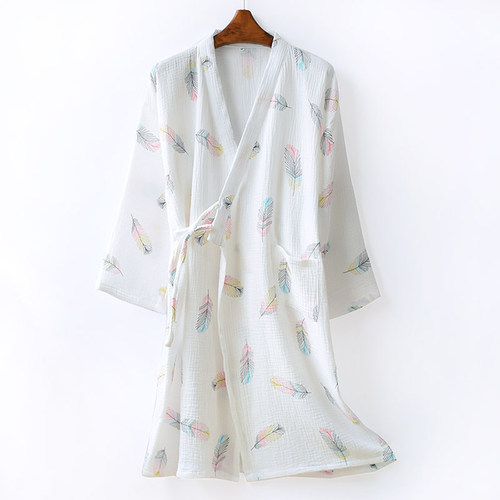 春秋日系纯棉和服睡衣女七分袖纱布浴袍女中长款家居服纱布睡袍女 - 图2