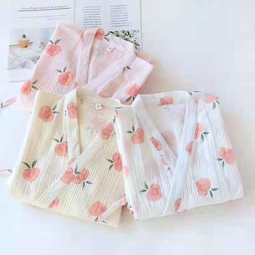 春秋日系纯棉和服睡衣女七分袖纱布浴袍女中长款家居服纱布睡袍女 - 图0