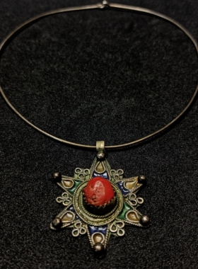 孤品 阿根廷太阳神吊坠带红色镶嵌 choker纯手工复古锁骨项链饰品