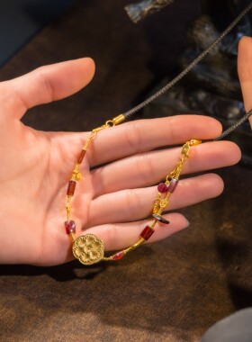 古法足金复古老黄金石榴石手链女小众高级感时尚精致圆形项链手饰