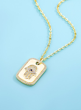 跨境925银镶锆塔罗牌项链恶魔之眼手掌星座INS吊坠椭圆金色锁骨链