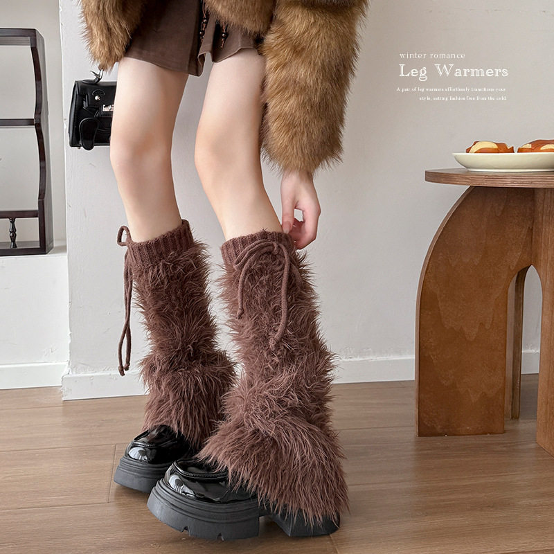 秋冬绑带毛毛保暖白色腿套y2k亚比文化可爱加厚毛绒柔软堆堆袜套,淘宝优惠券,粉丝福利购,淘宝优惠卷