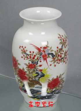 景德镇花鸟牡丹装饰品摆件冬瓜瓶