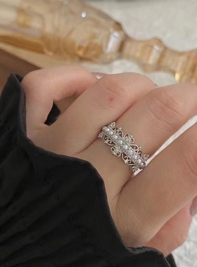 纯银蕾丝皇冠戒指女贝珠指环