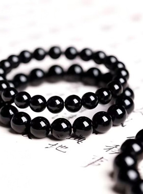 乌金黑曜石手链天然黑耀石黑色经典圆珠手链手串男女款