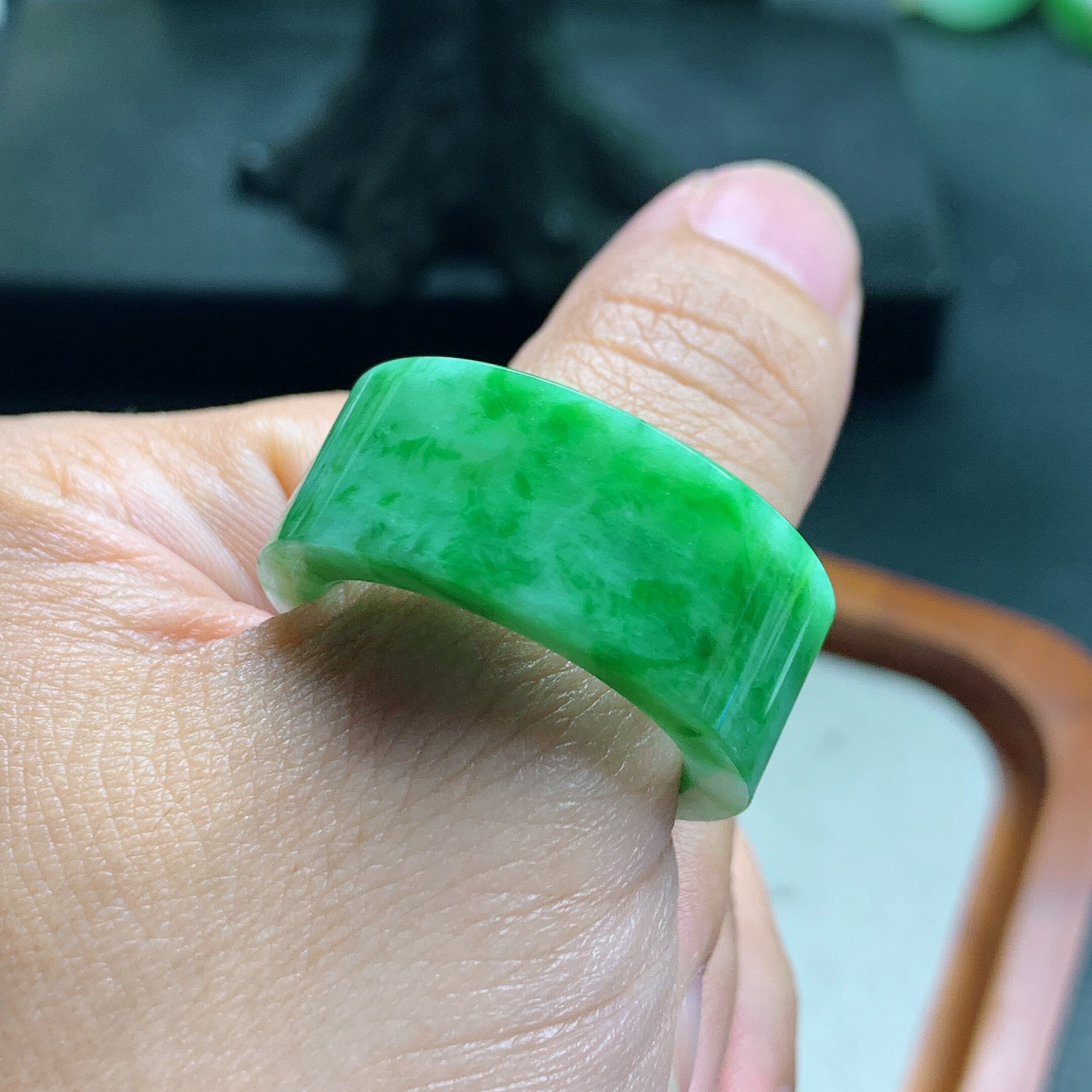 No. 29 Myanmar natural A-grade jadeite T1269 inner diameter 22.3-12.2-4.2mm full green square ring