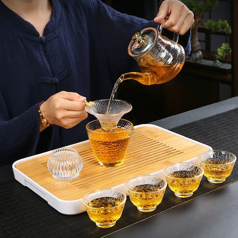 日式锤纹玻璃侧把茶壶功夫茶具套装家用耐热盖碗茶杯冲茶器红花茶