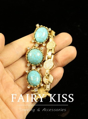 中古合金精致气质优雅绿松石手链镶钻圆形做旧百搭宫廷风饰品女