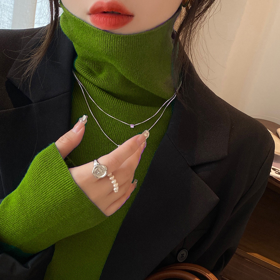 绿色高领别致打底衫女2025秋冬新款减龄内搭针织衫羊绒堆堆领毛衣,淘宝优惠券,粉丝福利购,淘宝优惠卷