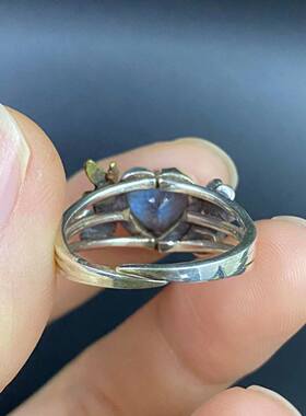 爱心蓝托帕圆橄榄石戒指 尼泊尔手工925纯银 花叶簇拥款 女生饰品