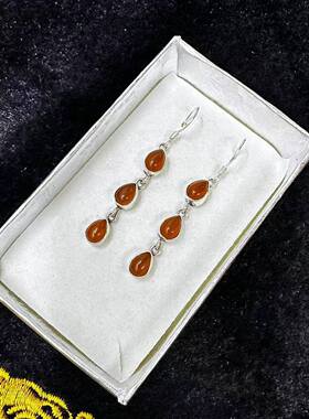 水滴红玛瑙流苏耳环 尼泊尔手工925纯银 简单包边 原创设计饰品