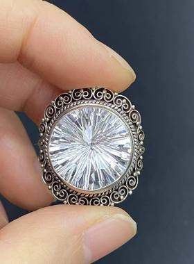 白水晶戒指 圆形烟花切天然石头 尼泊尔手工925纯银 复古雕花饰品