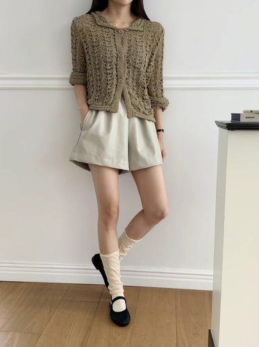 韩国代购CLASSY翻领网眼针织衫女秋季新款宽松毛衣开衫一件包邮-图1