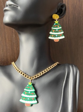 G圣诞节甜美圣诞树项链耳环短款锁骨链配饰套装