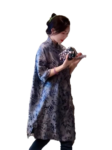新中式复古国风青花瓷改良旗袍裙大码胖mm宽松显瘦长款衬衫上衣女