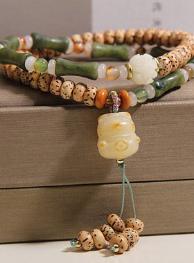 禅意星月菩提玉石竹节双层手链轻奢小众高级感招财猫挂坠精致手串