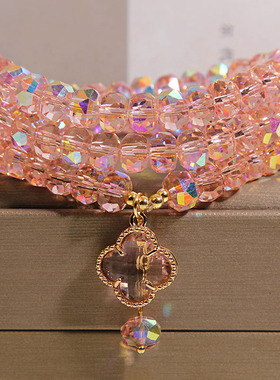 ins小众设计黄水晶算盘珠多圈手链女轻奢精致四叶草吊坠水晶手串