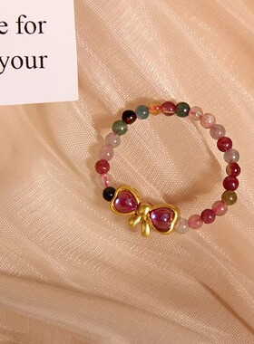 新中式碧玺戒指女款高级感轻奢小众精致蝴蝶结串珠食指戒弹力指环