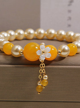 薰衣草紫水晶珍珠手链轻奢小众高级感贝母花朵吊坠手串温柔风手饰