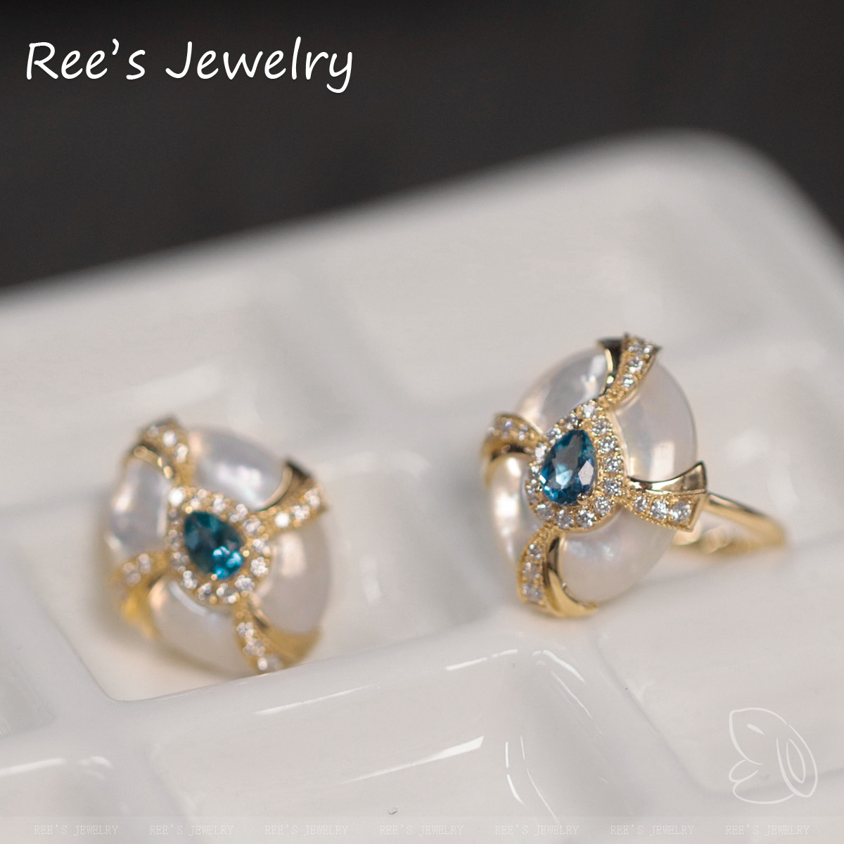 Ree original aquamarine, diamond and mother-of-pearl 18K ring