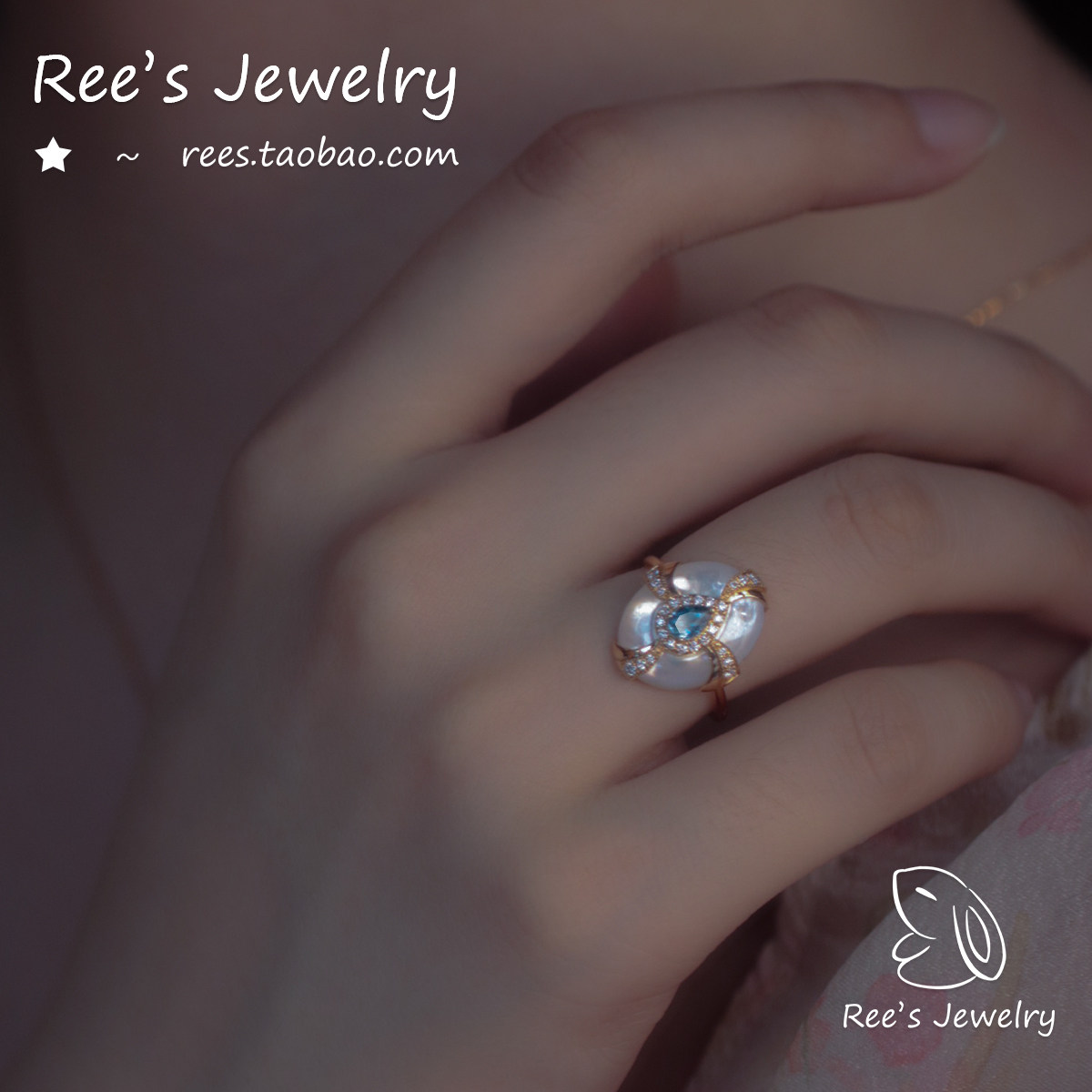 Ree original aquamarine, diamond and mother-of-pearl 18K ring