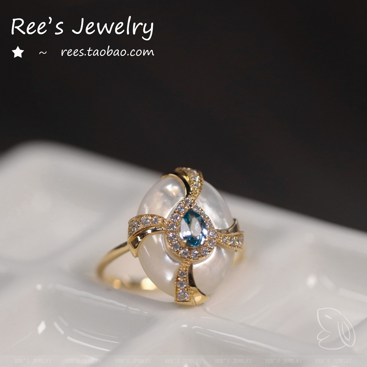 Ree original aquamarine, diamond and mother-of-pearl 18K ring